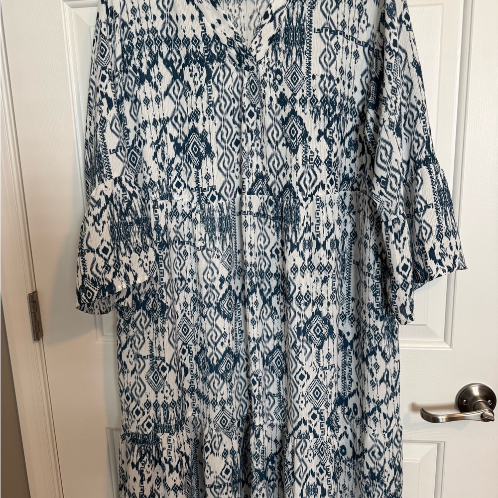 Indigo Soul Patterned Blue and White Midi Dress